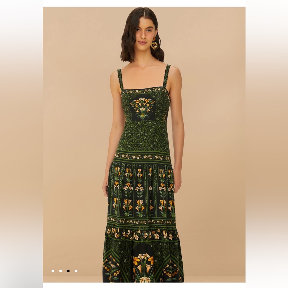 FARM RIO FLOWERS ARCH SLEEVELESS LINEN BLEND MIDI DRESS